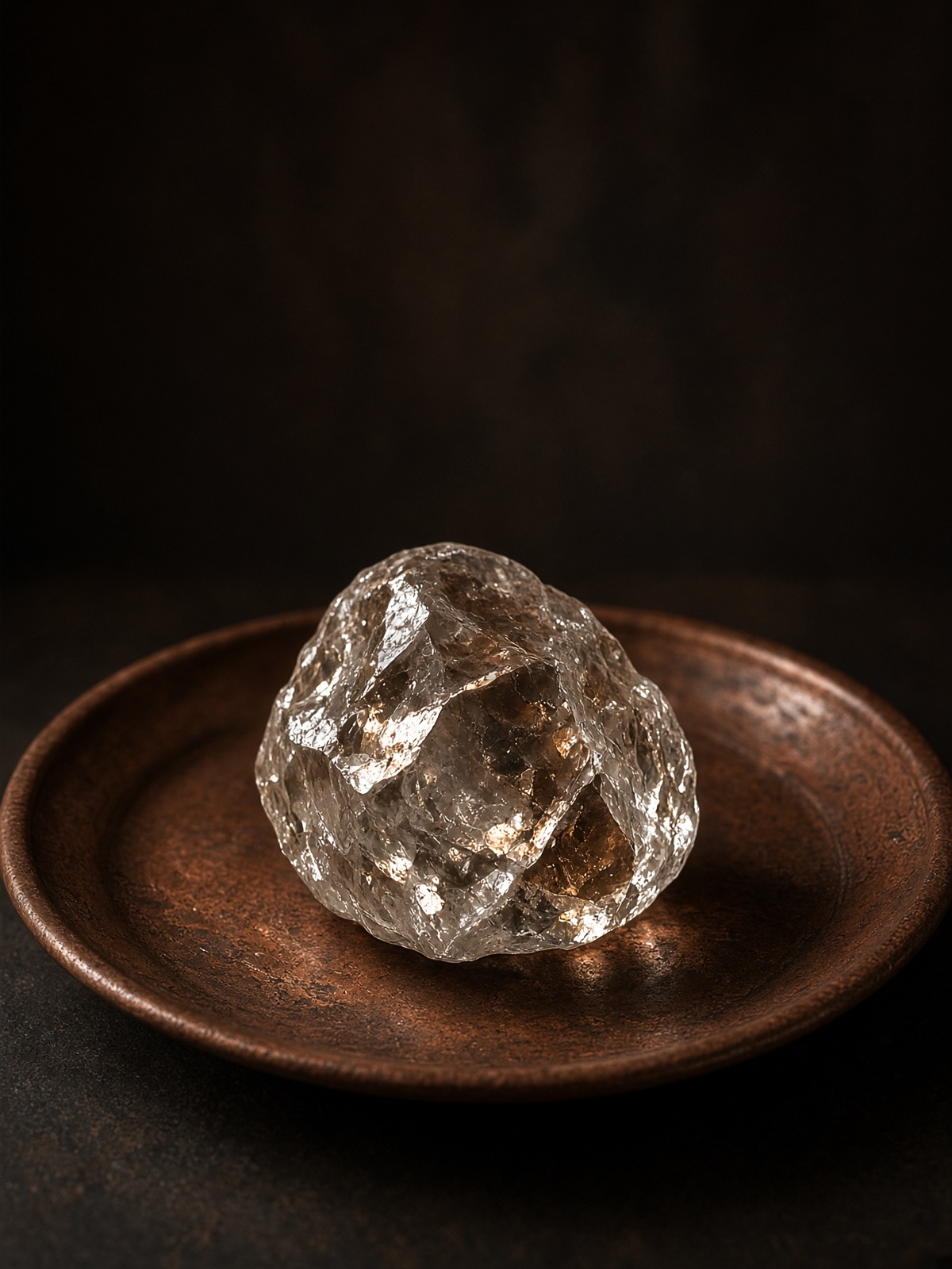 An uncut crystal resting on a worn copper plate.