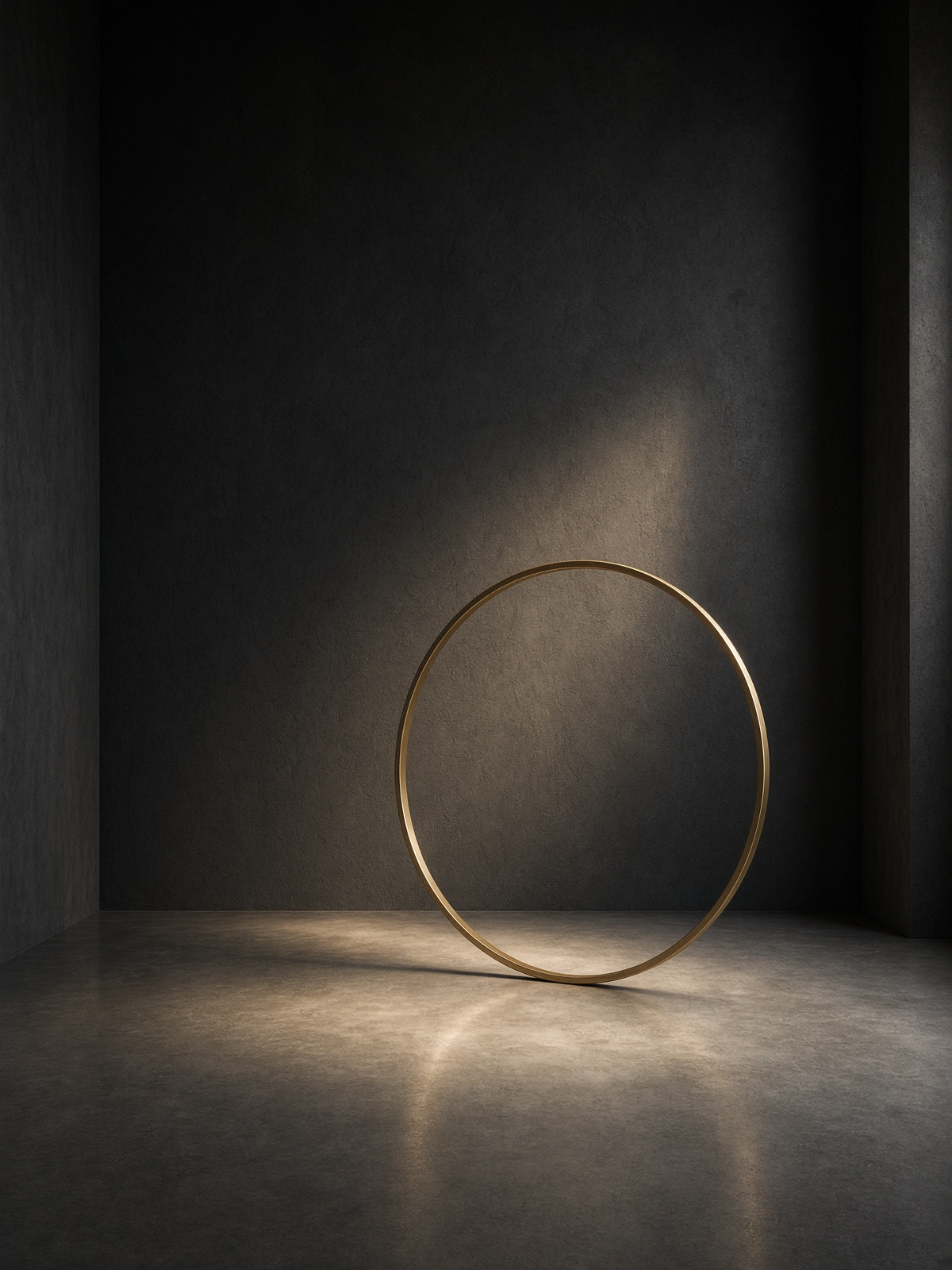 A dark gallery with a single brass ring standing in warm light.